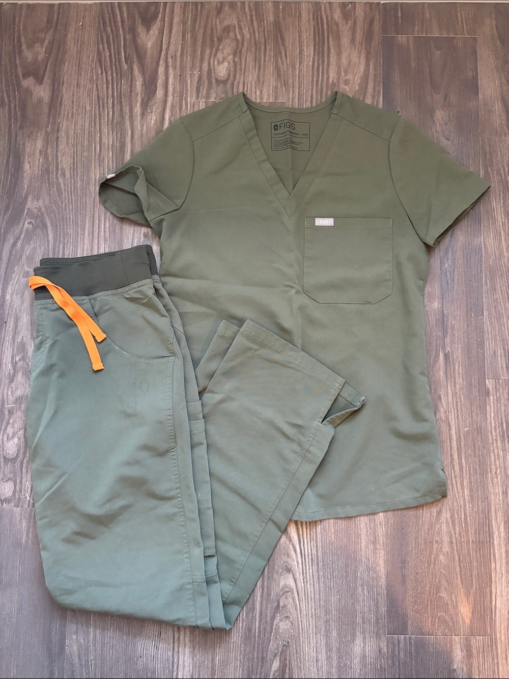 Figs Olive Green Scrub Top and Drawstring Jogger Pants with Orange Ties